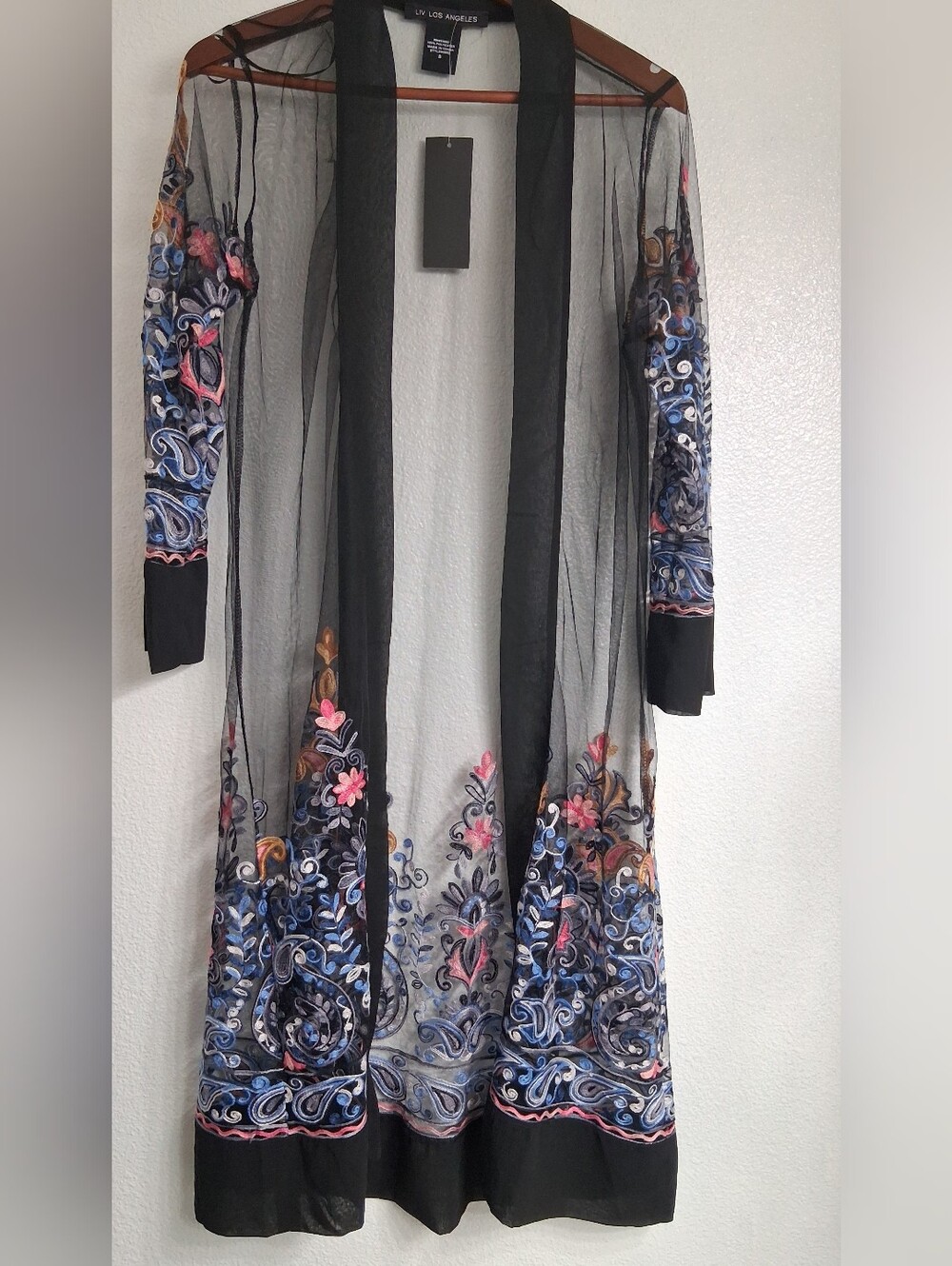 NWT Liv Los Angeles Lavish Black Sheer Embroidered Long Kimono.   Size S